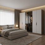 Modern wardrobe with white doors and wooden base on a dark background